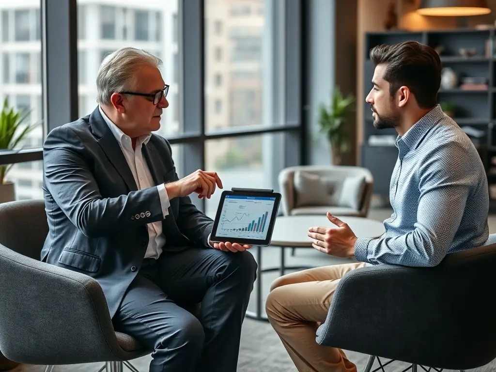A consultant reviewing investment portfolios with a client in a modern office setting, emphasizing strategic financial planning.