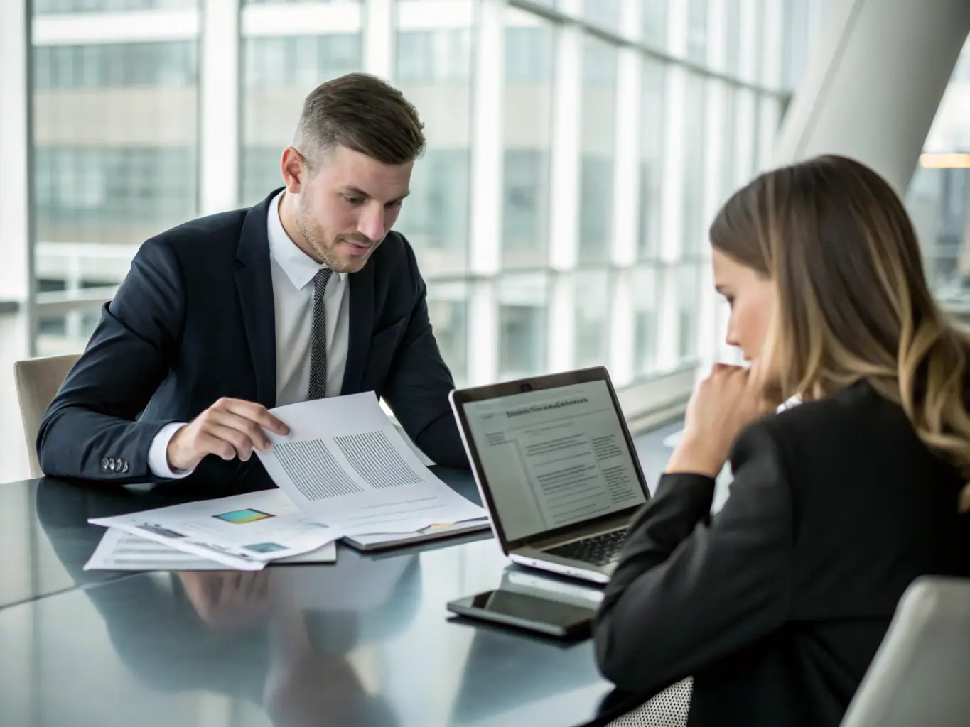 A financial advisor discussing tax strategies with a client, highlighting deductions and credits on a digital tablet.