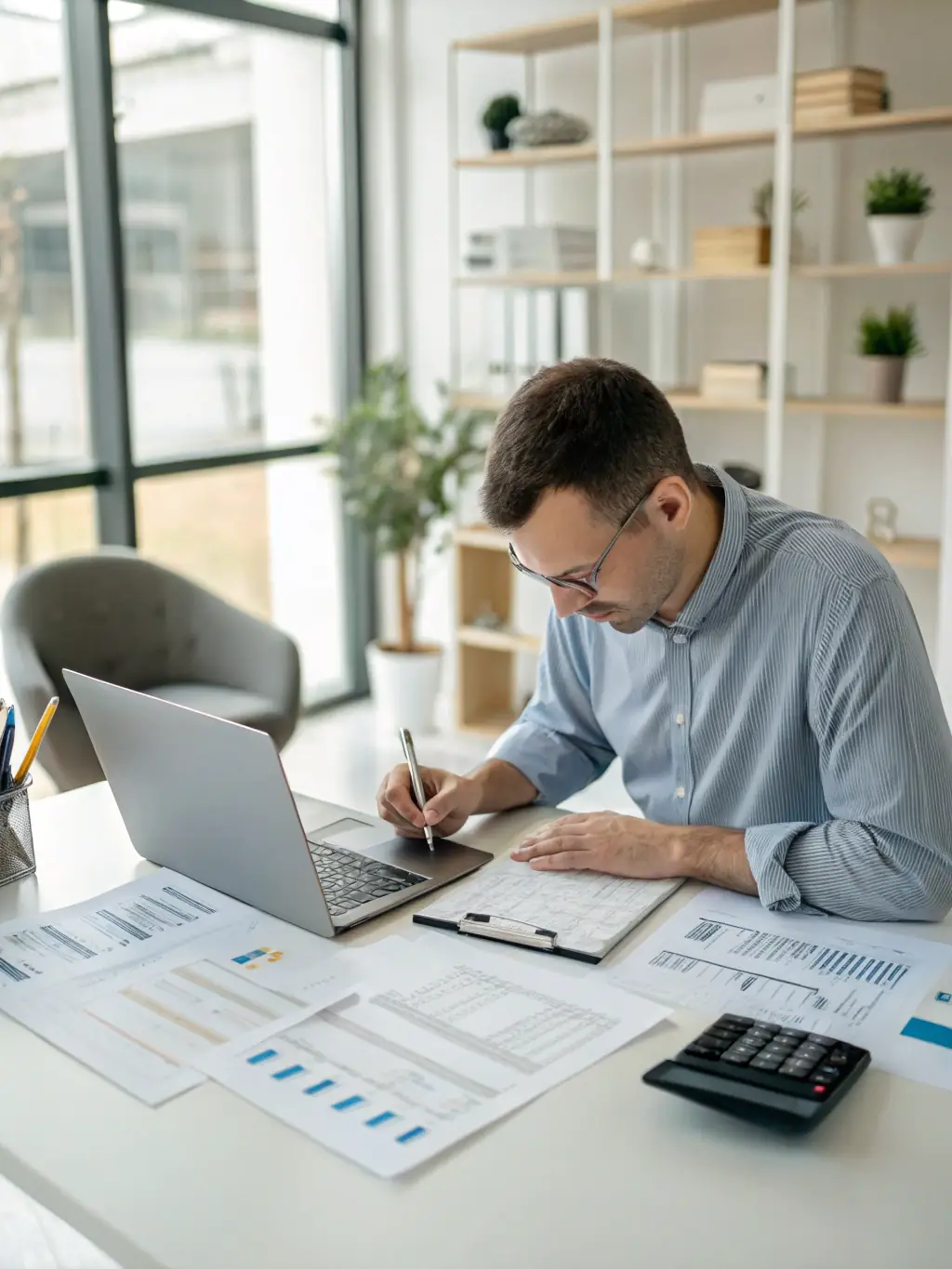 A CPA working on tax returns with financial documents and a calculator, illustrating Centra's tax planning expertise.