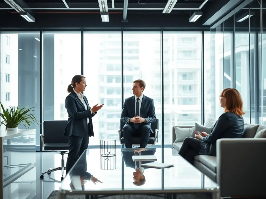 A risk management expert presenting a risk assessment report to a client, showcasing mitigation strategies and insurance options.