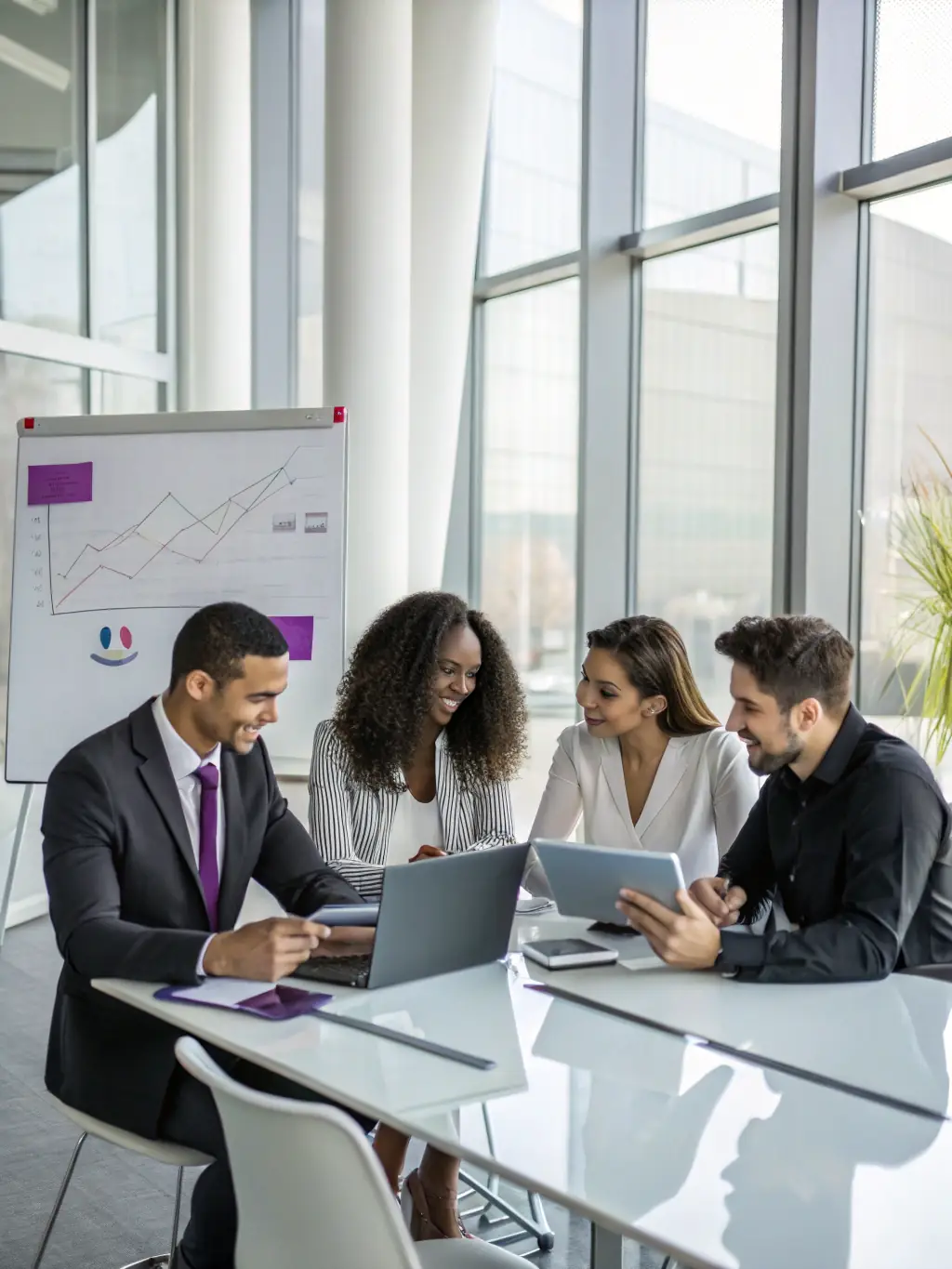 A diverse team of financial consultants collaborating on a financial strategy in a modern office, highlighting Centra's collaborative approach.